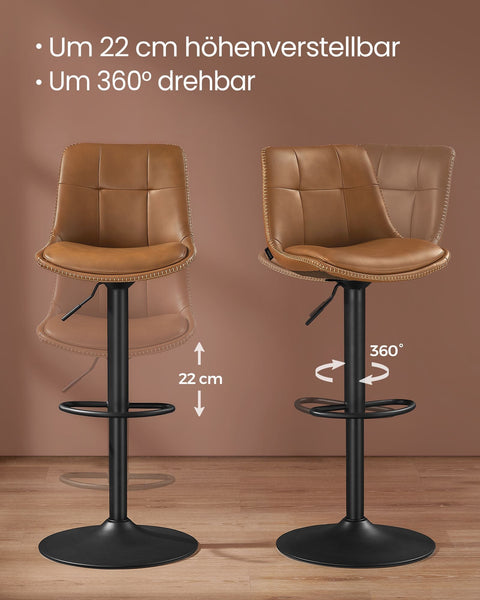 Rootz Bar Stool Set 2 Piece - Bar Chairs - High Back Stools - Comfortable Foam Padding - 44x48x(90-112)cm - Brown