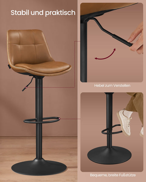 Rootz Bar Stool Set 2 Piece - Bar Chairs - High Back Stools - Comfortable Foam Padding - 44x48x(90-112)cm - Brown