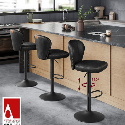 Rootz 2 Piece Set Bar Stools - Counter Chairs - Kitchen Stools - PU Leather - 42cm x 49cm x (94-115)cm - Steel Frame