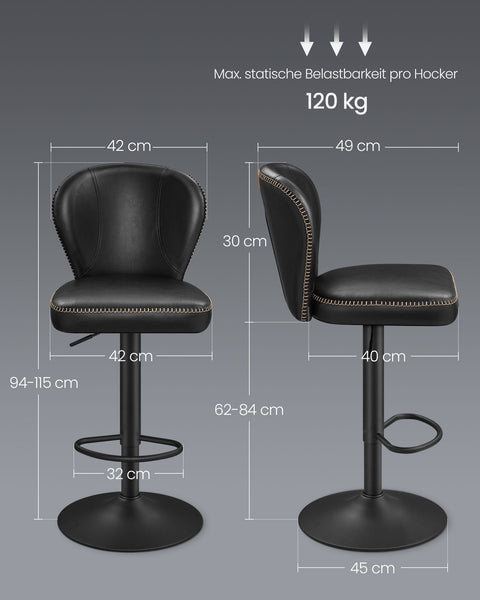 Rootz 2 Piece Set Bar Stools - Counter Chairs - Kitchen Stools - PU Leather - 42cm x 49cm x (94-115)cm - Steel Frame