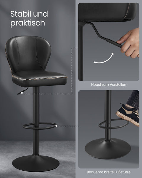 Rootz 2 Piece Set Bar Stools - Counter Chairs - Kitchen Stools - PU Leather - 42cm x 49cm x (94-115)cm - Steel Frame