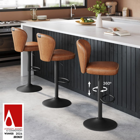 Rootz Set of 2 Bar Chairs - Counter Height Stools - Kitchen Stools - Steel Frame - PU Leather - 42cm x 49cm x (94-115)cm