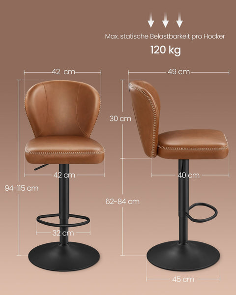 Rootz Set of 2 Bar Chairs - Counter Height Stools - Kitchen Stools - Steel Frame - PU Leather - 42cm x 49cm x (94-115)cm