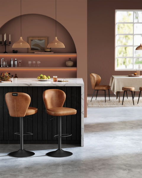Rootz Set of 2 Bar Chairs - Counter Height Stools - Kitchen Stools - Steel Frame - PU Leather - 42cm x 49cm x (94-115)cm