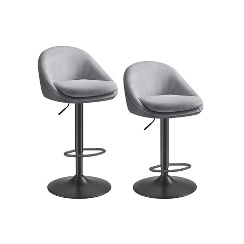 Rootz Set of 2 Height-Adjustable Bar Stools - Dove Grey & Ink Black - Velvet & PU Leather - Metal Frame - 52.5cm x 50cm x (97.5-108.5)cm