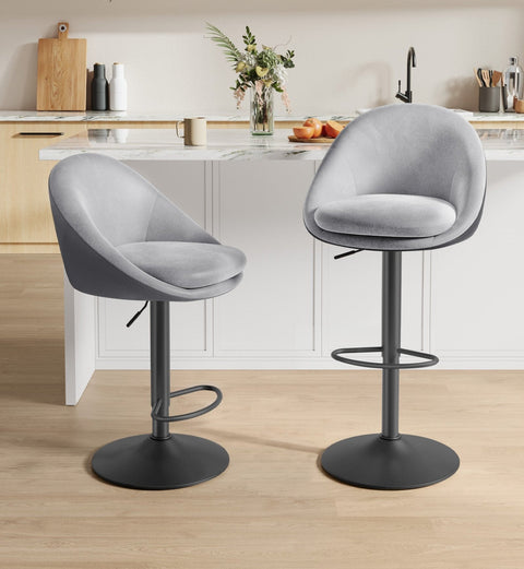 Rootz Set of 2 Height-Adjustable Bar Stools - Dove Grey & Ink Black - Velvet & PU Leather - Metal Frame - 52.5cm x 50cm x (97.5-108.5)cm