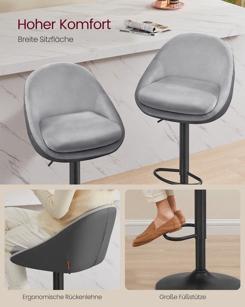 Rootz Set of 2 Height-Adjustable Bar Stools - Dove Grey & Ink Black - Velvet & PU Leather - Metal Frame - 52.5cm x 50cm x (97.5-108.5)cm