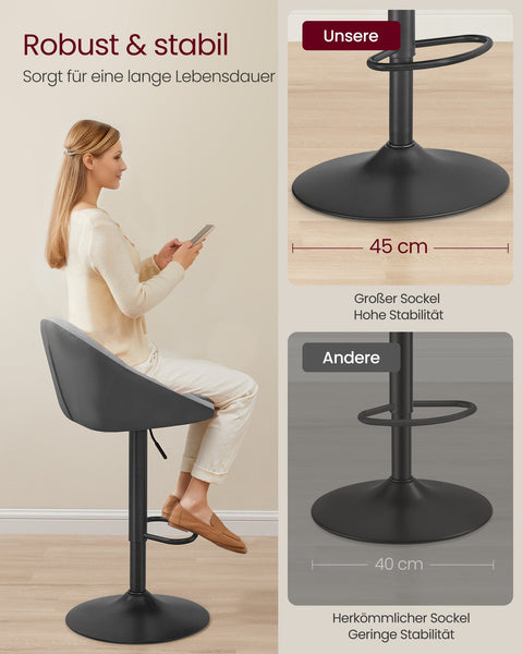 Rootz Set of 2 Height-Adjustable Bar Stools - Dove Grey & Ink Black - Velvet & PU Leather - Metal Frame - 52.5cm x 50cm x (97.5-108.5)cm