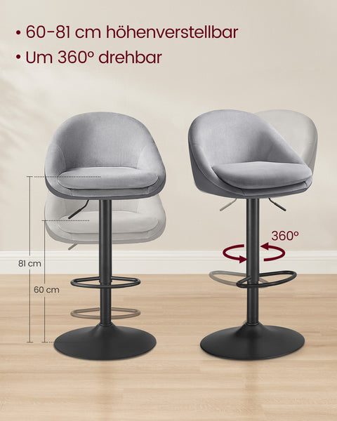 Rootz Set of 2 Height-Adjustable Bar Stools - Dove Grey & Ink Black - Velvet & PU Leather - Metal Frame - 52.5cm x 50cm x (97.5-108.5)cm