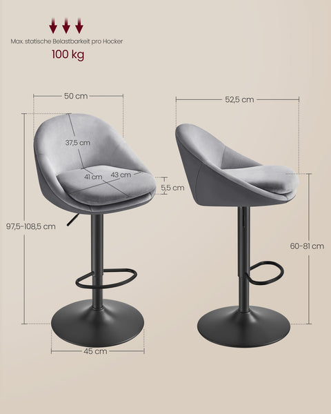 Rootz Set of 2 Height-Adjustable Bar Stools - Dove Grey & Ink Black - Velvet & PU Leather - Metal Frame - 52.5cm x 50cm x (97.5-108.5)cm