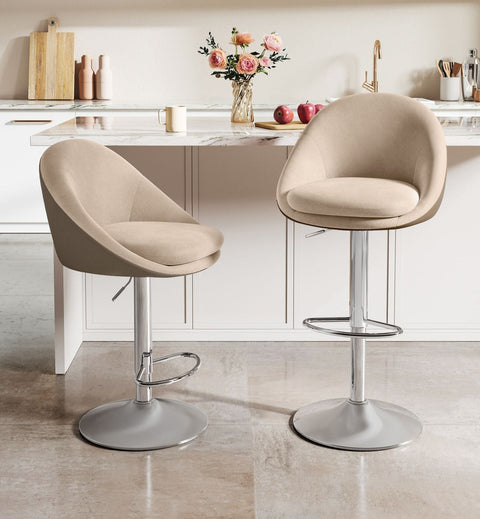 Rootz Set of 2 Adjustable Bar Stools - Velvet PU Leather - Height Adjustable - Camel Brown-Silver Gray - 52.5cm x 50cm x (97.5-108.5)cm