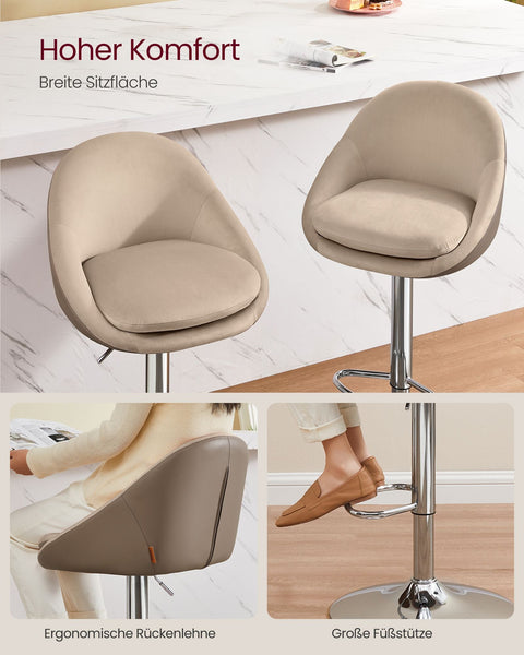 Rootz Set of 2 Adjustable Bar Stools - Velvet PU Leather - Height Adjustable - Camel Brown-Silver Gray - 52.5cm x 50cm x (97.5-108.5)cm