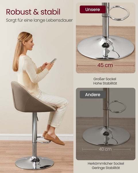 Rootz Set of 2 Adjustable Bar Stools - Velvet PU Leather - Height Adjustable - Camel Brown-Silver Gray - 52.5cm x 50cm x (97.5-108.5)cm