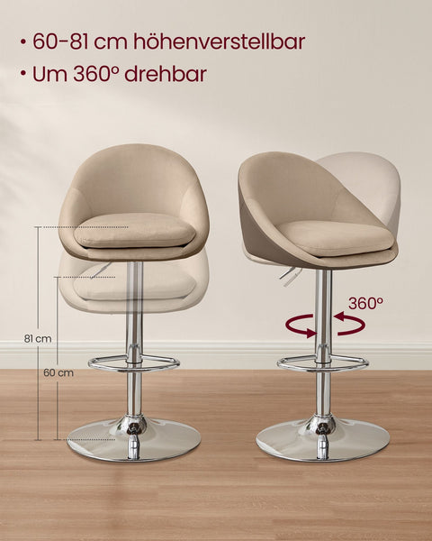 Rootz Set of 2 Adjustable Bar Stools - Velvet PU Leather - Height Adjustable - Camel Brown-Silver Gray - 52.5cm x 50cm x (97.5-108.5)cm