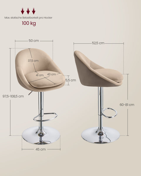 Rootz Set of 2 Adjustable Bar Stools - Velvet PU Leather - Height Adjustable - Camel Brown-Silver Gray - 52.5cm x 50cm x (97.5-108.5)cm