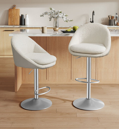 Rootz Set of 2 Height-Adjustable Bar Stools - Cream White-Silver Grey - Fleece & PU Leather - Metal Frame - 52.5cm x 50cm x (97.5-108.5)cm
