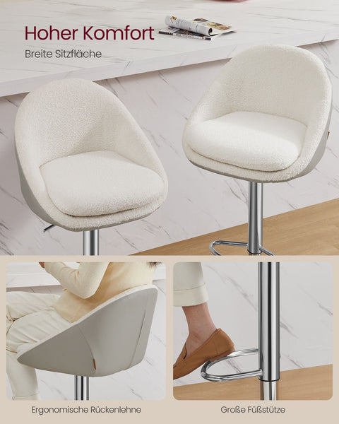 Rootz Set of 2 Height-Adjustable Bar Stools - Cream White-Silver Grey - Fleece & PU Leather - Metal Frame - 52.5cm x 50cm x (97.5-108.5)cm