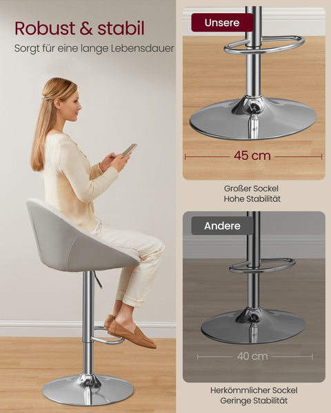 Rootz Set of 2 Height-Adjustable Bar Stools - Cream White-Silver Grey - Fleece & PU Leather - Metal Frame - 52.5cm x 50cm x (97.5-108.5)cm
