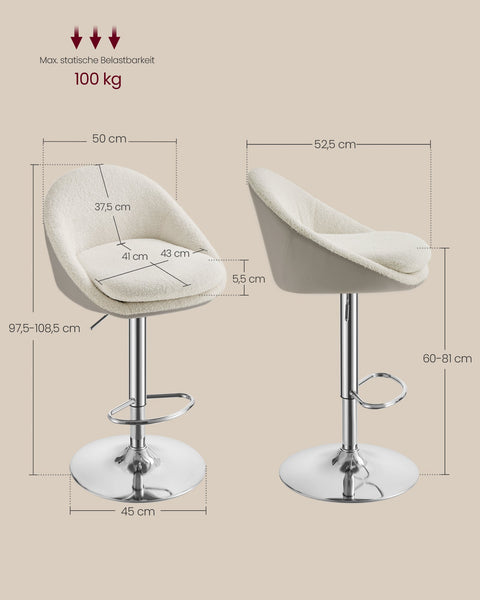 Rootz Bar Stool Set of 2 - Bar Chairs - Height-Adjustable Stools - PU Leather - 52.5cm x 50cm x (97.5-108.5) cm