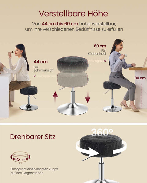 Rootz Makeup Stool - Beauty Stool - Vanity Chair - Height-Adjustable & Rotatable - 38cm D x 44-60cm H -  Black