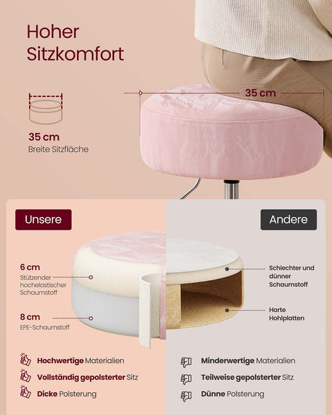 Rootz Make-Up Stool - Vanity Chair - Beauty Seat - Adjustable Height & Rotatable - 38cm D x 44-60cm H - Pastel Pink