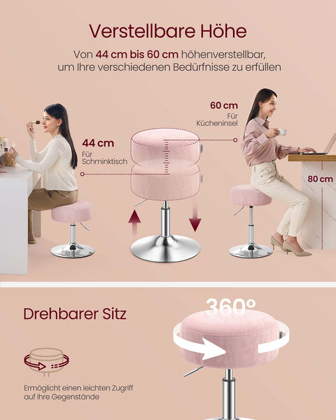 Rootz Make-Up Stool - Vanity Chair - Beauty Seat - Adjustable Height & Rotatable - 38cm D x 44-60cm H - Pastel Pink