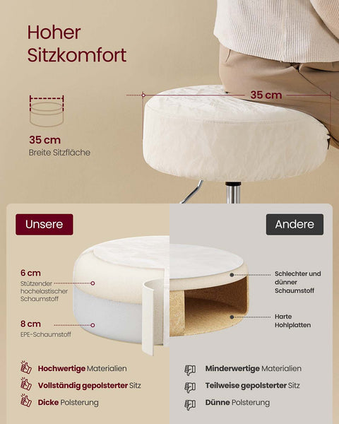 Rootz Height-Adjustable Makeup Stool - Vanity Chair - Swivel Stool - Comfortable Seating - 38cm x 44-60cm -  White