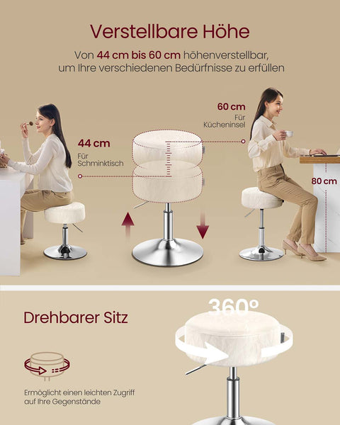 Rootz Height-Adjustable Makeup Stool - Vanity Chair - Swivel Stool - Comfortable Seating - 38cm x 44-60cm -  White