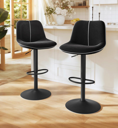 Rootz Black Bar Stools Set - Counter Stools - High Chairs - Velvet Comfort - 49.5cm x 45cm x (88.5–109.5)cm