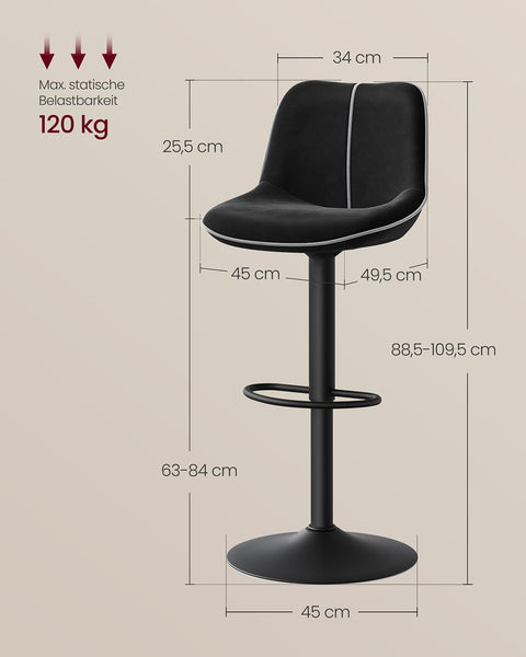 Rootz Black Bar Stools Set - Counter Stools - High Chairs - Velvet Comfort - 49.5cm x 45cm x (88.5–109.5)cm