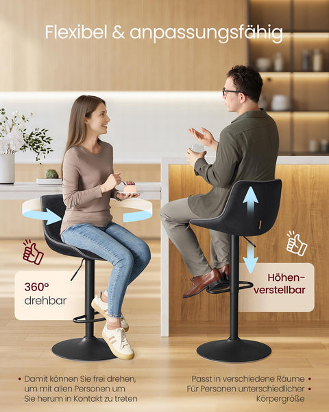 Rootz Black Bar Stools Set - Counter Stools - High Chairs - Velvet Comfort - 49.5cm x 45cm x (88.5–109.5)cm