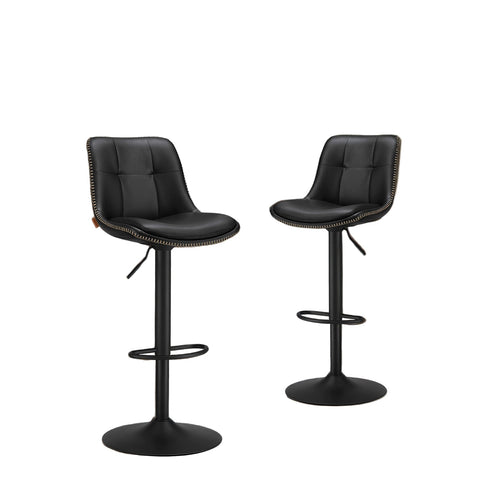Rootz Set of 2 Bar Stools - High Chairs - Counter Stools - PU & Chrome-Plated Steel - Black - Adjustable Height 90-112cm - 38x44cm Seat Area