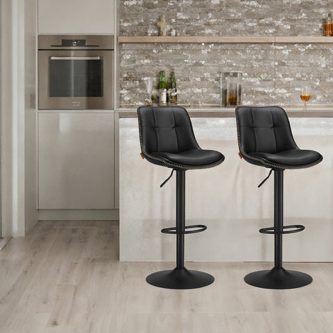 Rootz Set of 2 Bar Stools - High Chairs - Counter Stools - PU & Chrome-Plated Steel - Black - Adjustable Height 90-112cm - 38x44cm Seat Area