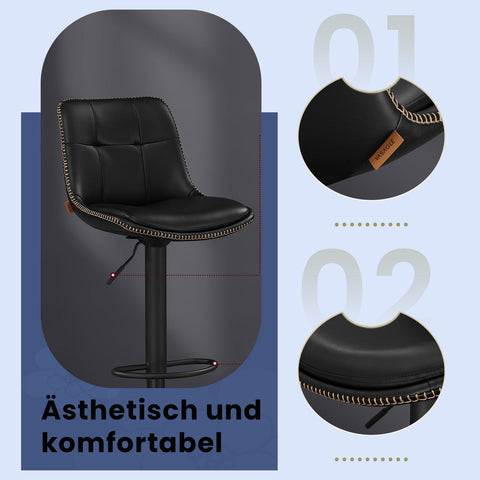 Rootz Set of 2 Bar Stools - High Chairs - Counter Stools - PU & Chrome-Plated Steel - Black - Adjustable Height 90-112cm - 38x44cm Seat Area