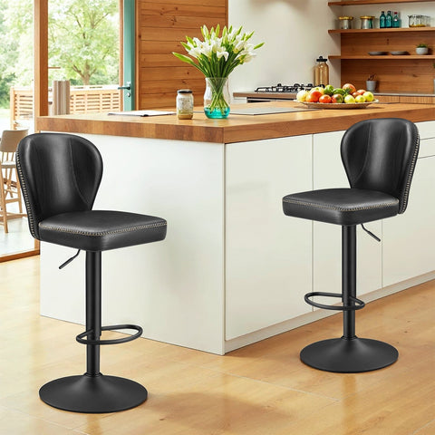 Rootz Bar Chair Set of 2 - Counter Stool - Elevated Chair - Max Comfort - Adjustable 42 x 49 x (94-115)cm - Ink Black PU Leather
