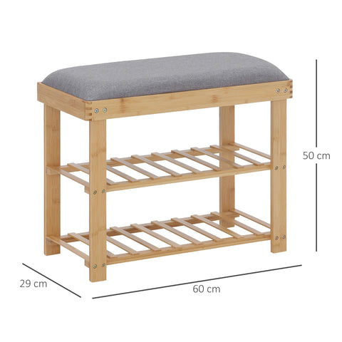 Rootz Bamboo Shoe Bench - Entryway Organizer - 2 Tier Shelf - Integrated Pillow - Durable Bamboo - 60cm x 29cm x 50cm