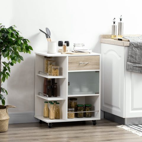 Rootz Kitchen Island Cart - Serving Cart - Mobile Kitchen Shelves - 360° Swivel Wheels - 65cm x 39cm x 80cm - White