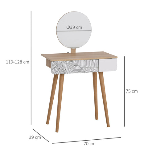 Rootz White+Brown Dressing Table - Vanity Table - Cosmetic Table - Large Drawer & Adjustable Mirror - 70cm x 39cm x 119-128cm