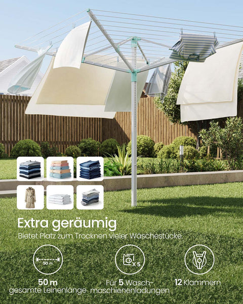 Rootz 50m Clothes Line - Laundry Line - Drying Rack - Holds 5 Loads - Adjustable Height 121-183cm - 170cm x 170cm - Silver-Green