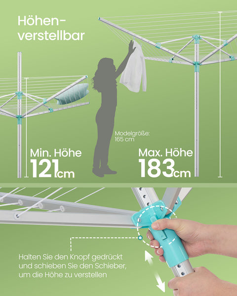 Rootz 50m Clothes Line - Laundry Line - Drying Rack - Holds 5 Loads - Adjustable Height 121-183cm - 170cm x 170cm - Silver-Green