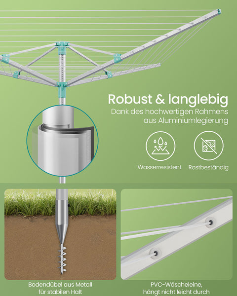 Rootz 50m Clothes Line - Laundry Line - Drying Rack - Holds 5 Loads - Adjustable Height 121-183cm - 170cm x 170cm - Silver-Green