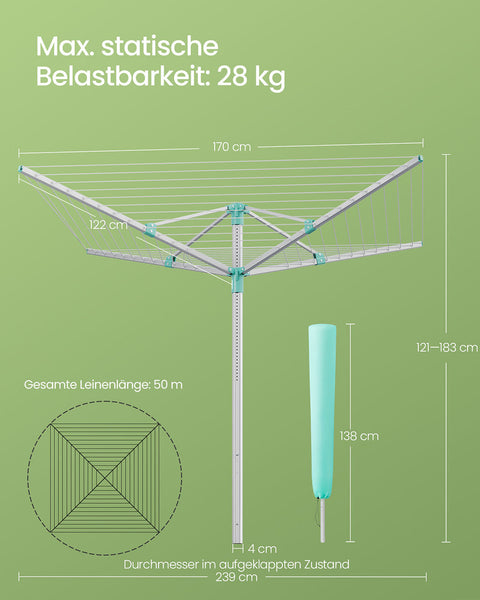 Rootz 50m Clothes Line - Laundry Line - Drying Rack - Holds 5 Loads - Adjustable Height 121-183cm - 170cm x 170cm - Silver-Green