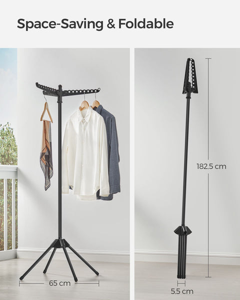 Rootz Portable Black Washing Rack - Laundry Stand - Clothes Drying Rack - Stainless Steel - Plastic - Lightweight - Compact Design - Easy Assembly - 65cm x 65cm x 150cm (Unfolded) - 5.5cm x 5.5cm x 182.5cm (Folded)