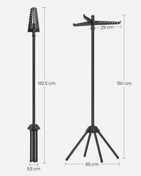 Rootz Portable Black Washing Rack - Laundry Stand - Clothes Drying Rack - Stainless Steel - Plastic - Lightweight - Compact Design - Easy Assembly - 65cm x 65cm x 150cm (Unfolded) - 5.5cm x 5.5cm x 182.5cm (Folded)