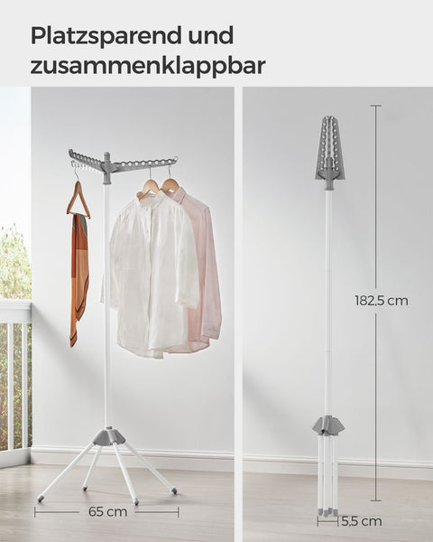 Rootz Portable Gray-White Washing Rack - Laundry Stand - Clothes Drying Rack - Stainless Steel - Plastic - Lightweight - Compact - Easy to Fold - 65cm x 65cm x 150cm (Unfolded) - 5.5cm x 5.5cm x 182.5cm (Folded)