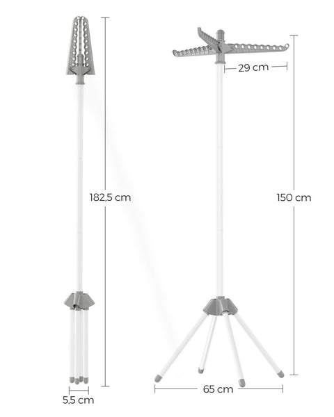 Rootz Portable Gray-White Washing Rack - Laundry Stand - Clothes Drying Rack - Stainless Steel - Plastic - Lightweight - Compact - Easy to Fold - 65cm x 65cm x 150cm (Unfolded) - 5.5cm x 5.5cm x 182.5cm (Folded)