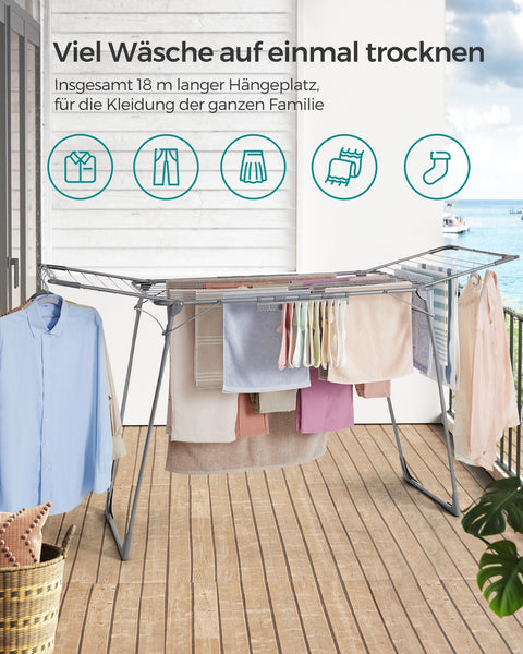 Rootz Grijs Stalen Camping Wasrek - Wasstandaard - Droogrek - Stalen frame - PP kunststof - Opvouwbaar ontwerp - Lichtgewicht - Eenvoudige montage - 56,5 cm x 173 cm x 96,5 cm