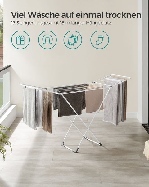 Rootz White Steel PP Plastic Washing Rack - Laundry Drying Rack - Clothes Drying Stand - Lightweight - Compact - Easy Assembly - 50cm x 182cm x 102.5cm