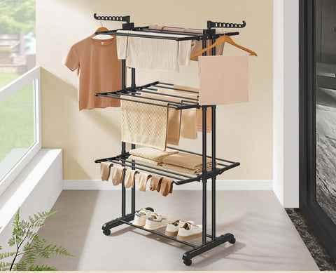 Rootz 4 Tier Drying Rack - Laundry Stand - Folding Clothes Dryer - Steel & Plastic - 63.5cm x 128cm x 173cm - Ink Black