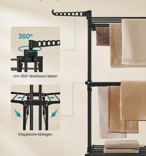 Rootz 4 Tier Drying Rack - Laundry Stand - Folding Clothes Dryer - Steel & Plastic - 63.5cm x 128cm x 173cm - Ink Black